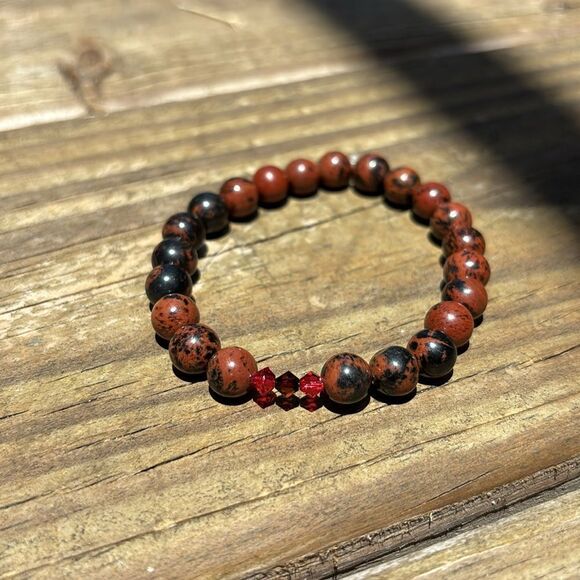 Brown and Black MAHOGANY JASPER & Swarovski Beaded Bracelet 7” - Picture 1 of 5